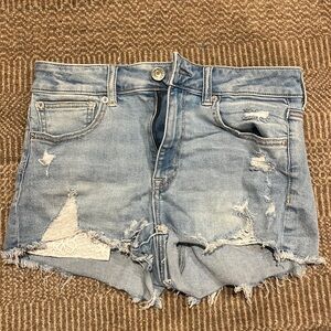 American Eagle, “High-Rise Shorties”, light blue washed, ripped